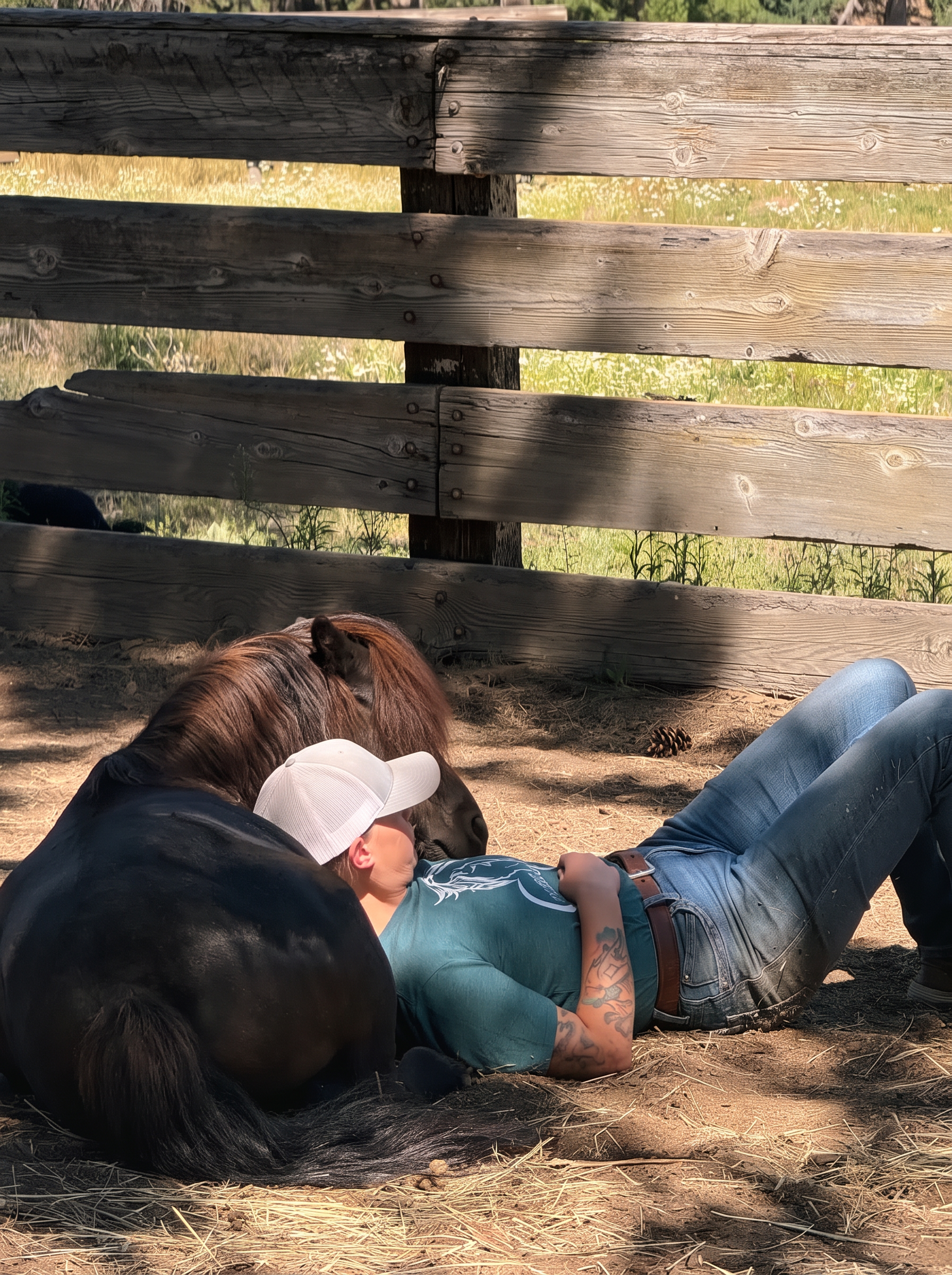 Quiet ground time with a horse resting calmly beside a person at the ranch