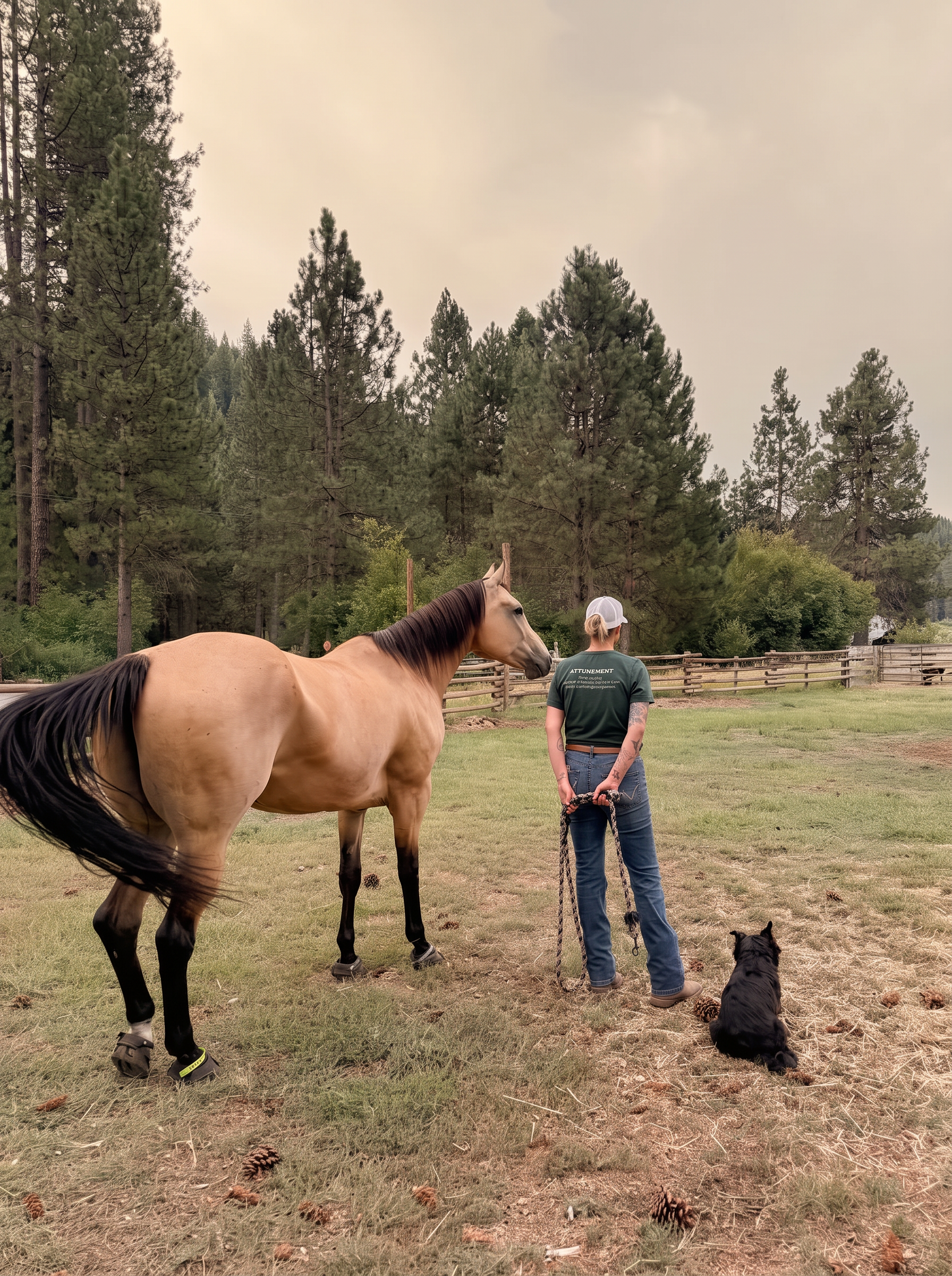 Anne-Marie standing with a buckskin horse and her dog in a pine pasture at the ranch