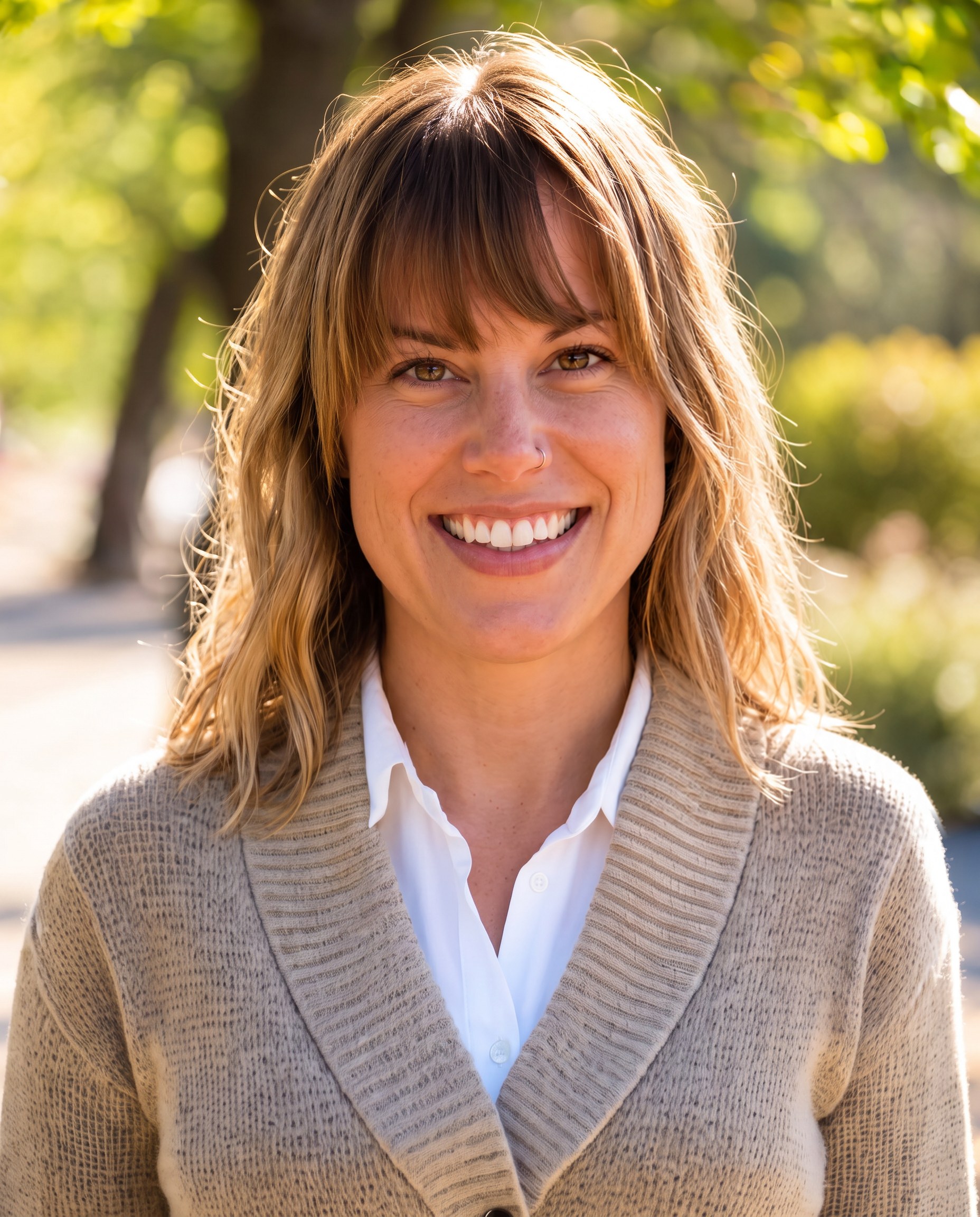 Anne-Marie Hosler smiling outdoors in a cardigan