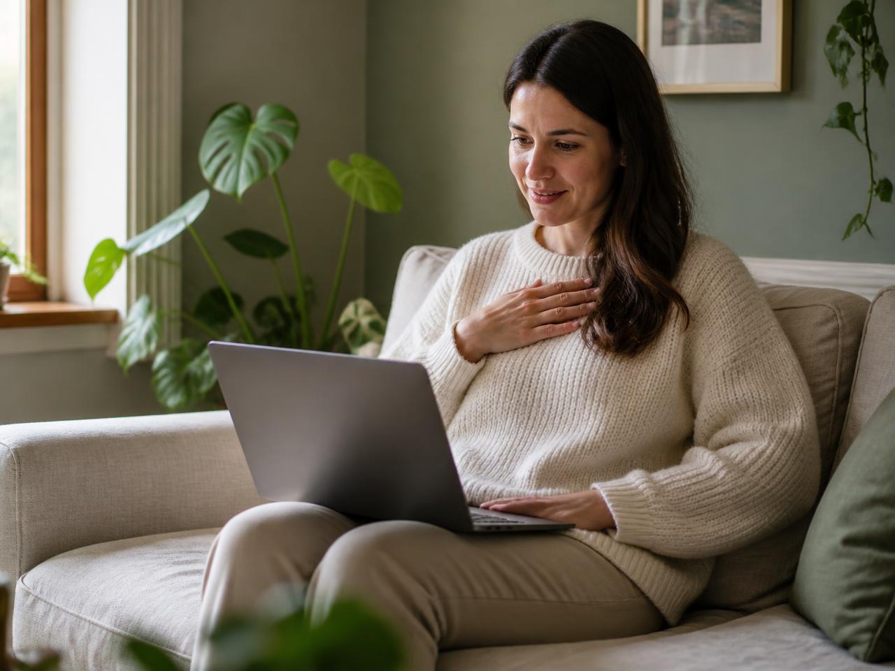 A client in a video therapy session from her living room